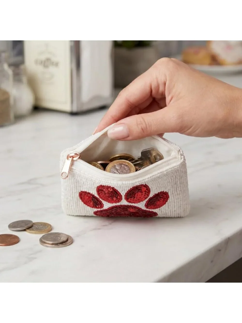 Red Beaded Coin Purse with Zipper, Paw Print Design, Cute Change Wallet